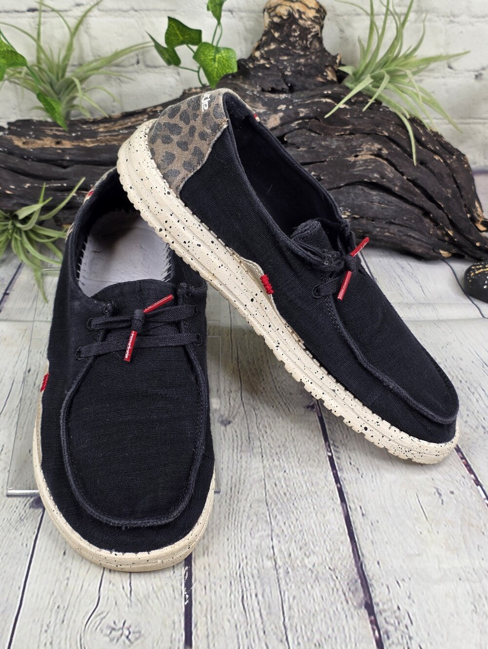 Hey Dude Wendy Jungle Black Slip-On Shoes with Leopard Heel